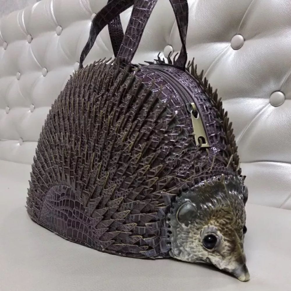 HEDGEHOG NOVELTY BAG PURPLE CROC EMBOSSED SATCHEL UNIQUE STATEMENT HANDBAG - Picture 14 of 15